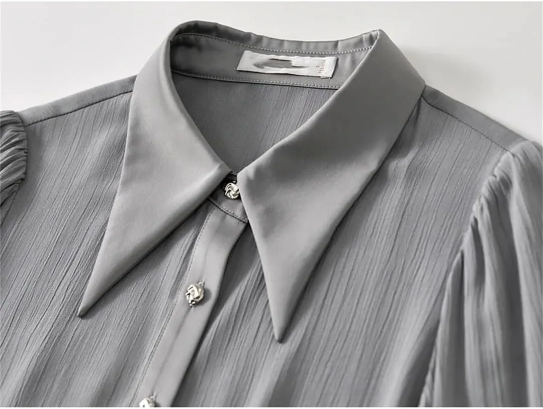 Women Solid Straight Blouse Casual Turn-Down Collar Long Sleeve Blouse Office Lady Shirt Top