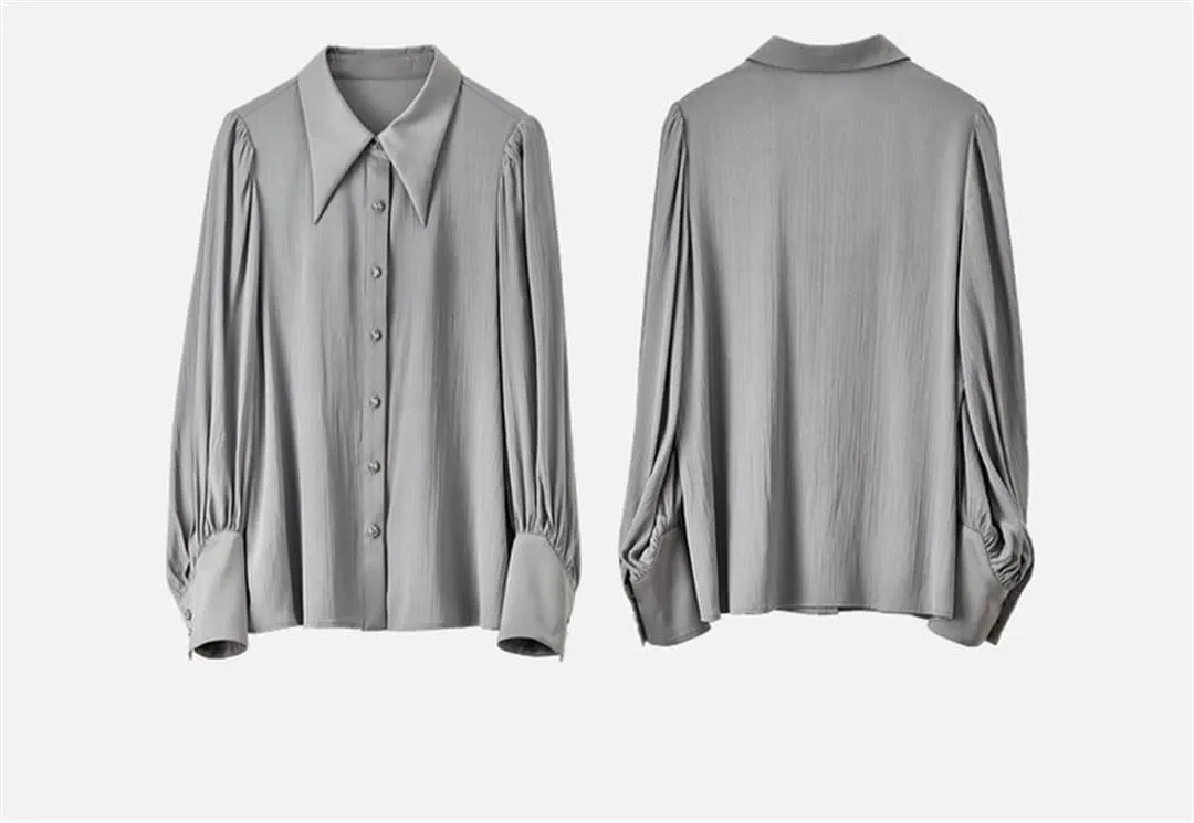 Women Solid Straight Blouse Casual Turn-Down Collar Long Sleeve Blouse Office Lady Shirt Top