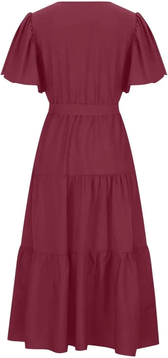 Women Summer Bohemian Floral Casual Wrap V Neck Ruffle Cap Short Sleeve Belt A-Line Pleated Hem Midi Sun Dress