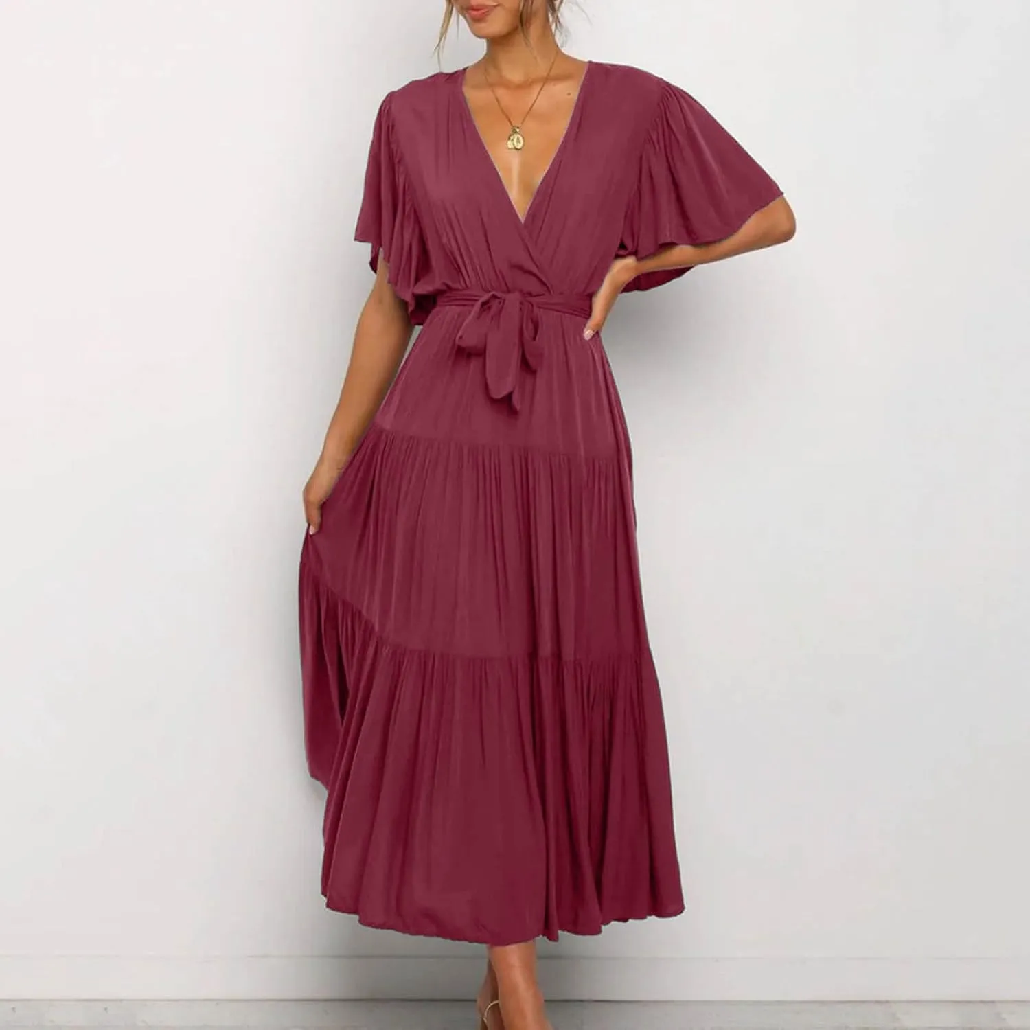 Women Summer Bohemian Floral Casual Wrap V Neck Ruffle Cap Short Sleeve Belt A-Line Pleated Hem Midi Sun Dress