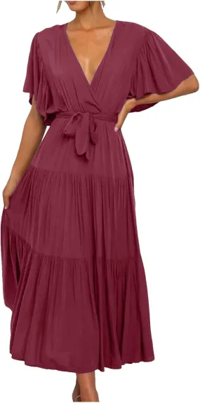 Women Summer Bohemian Floral Casual Wrap V Neck Ruffle Cap Short Sleeve Belt A-Line Pleated Hem Midi Sun Dress