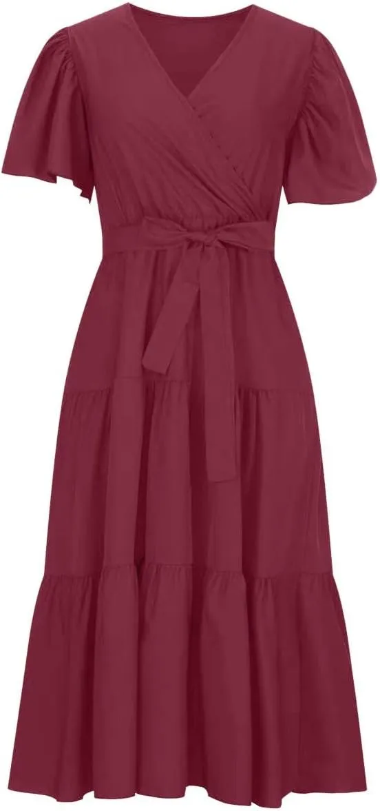 Women Summer Bohemian Floral Casual Wrap V Neck Ruffle Cap Short Sleeve Belt A-Line Pleated Hem Midi Sun Dress