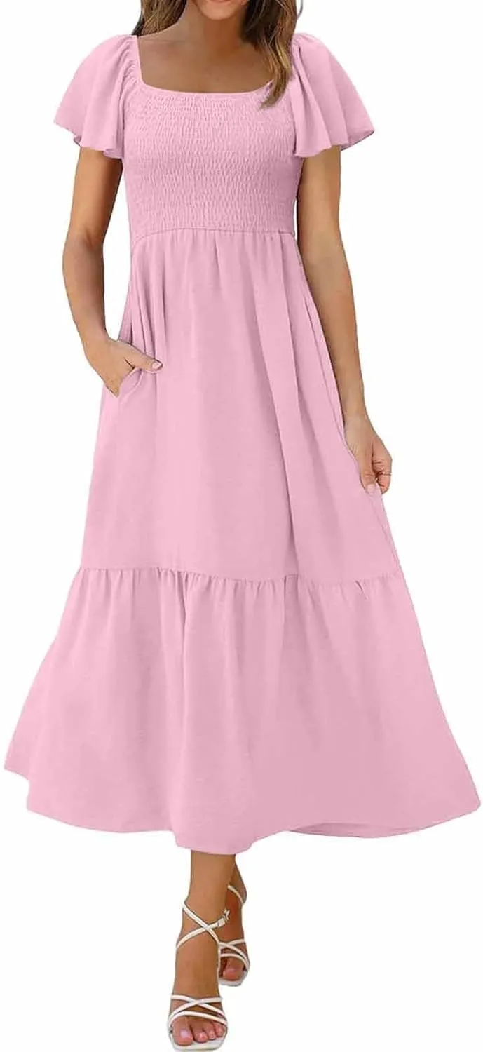 Women Summer Casual Square Neck Flutter Sleeve Boho Smocked A-Line Flowy Tiered Modest Maxi Sun Dress with Pockets