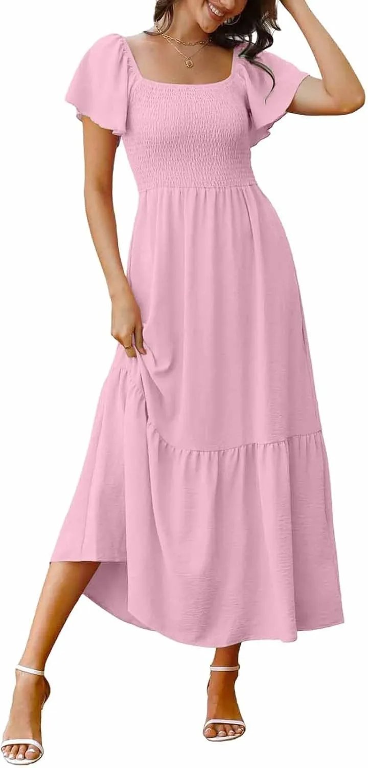 Women Summer Casual Square Neck Flutter Sleeve Boho Smocked A-Line Flowy Tiered Modest Maxi Sun Dress with Pockets
