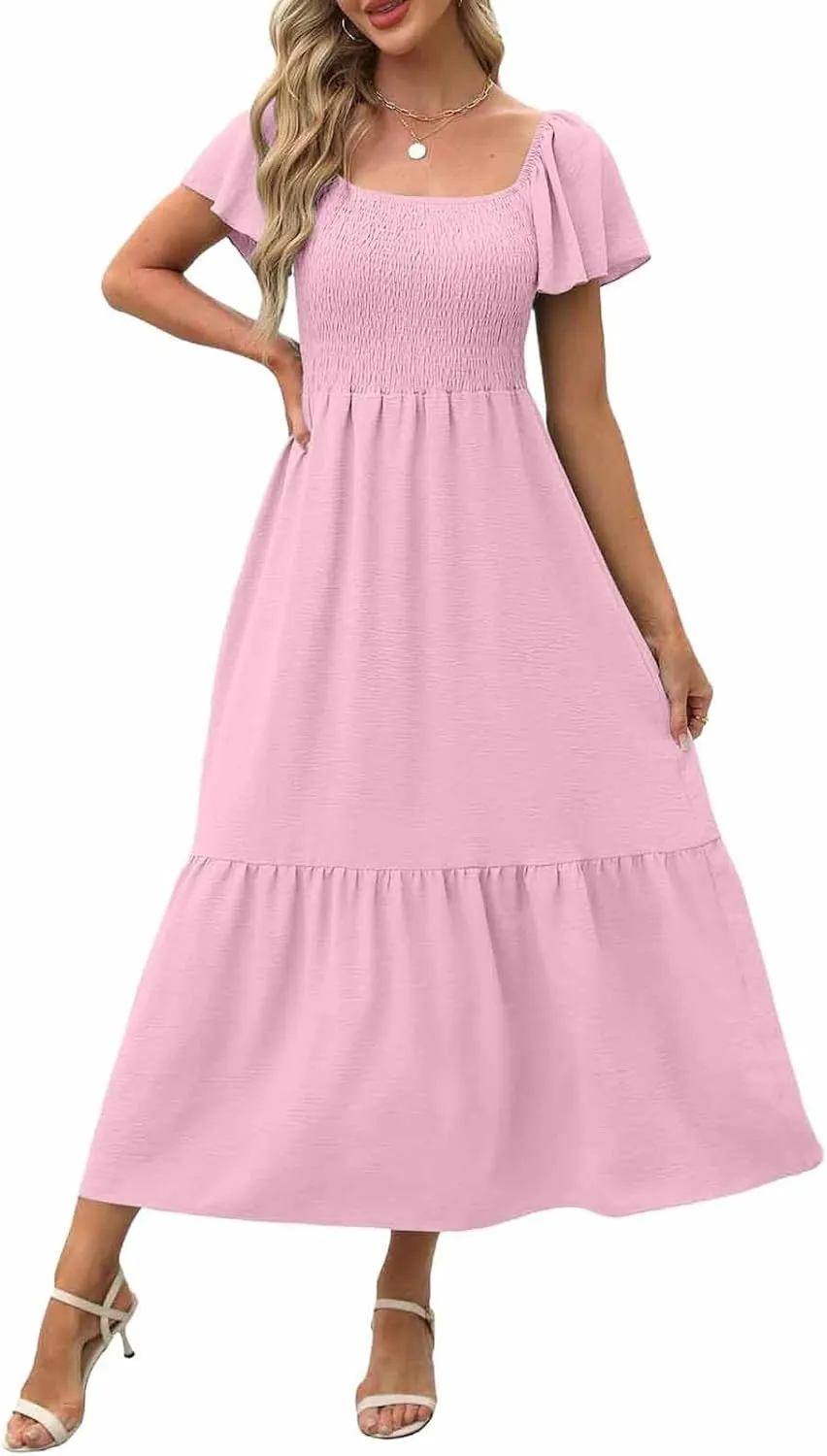 Women Summer Casual Square Neck Flutter Sleeve Boho Smocked A-Line Flowy Tiered Modest Maxi Sun Dress with Pockets