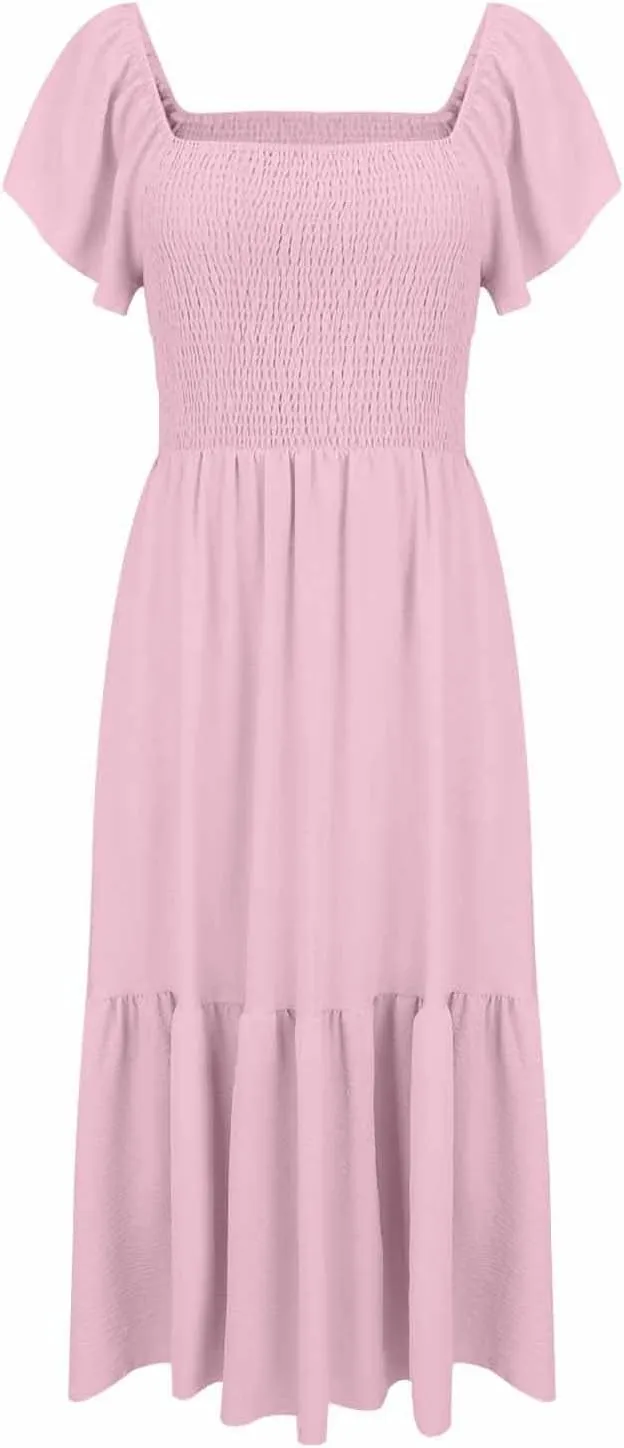 Women Summer Casual Square Neck Flutter Sleeve Boho Smocked A-Line Flowy Tiered Modest Maxi Sun Dress with Pockets