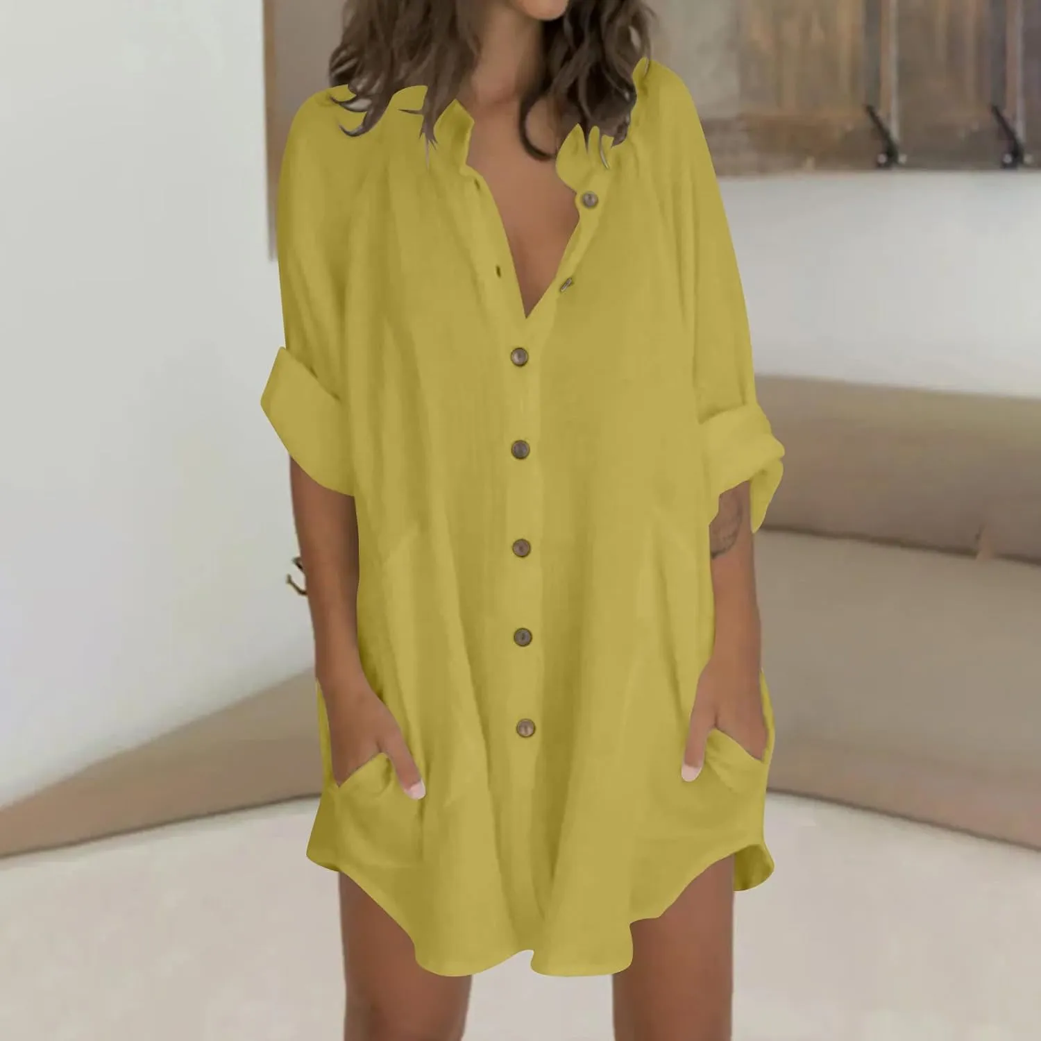 Womens Cotton Linen Button Down Shirts with Pockets 2025 Long Sleeve Loose Fit Oversized Casual Tops Clothes Plus Size
