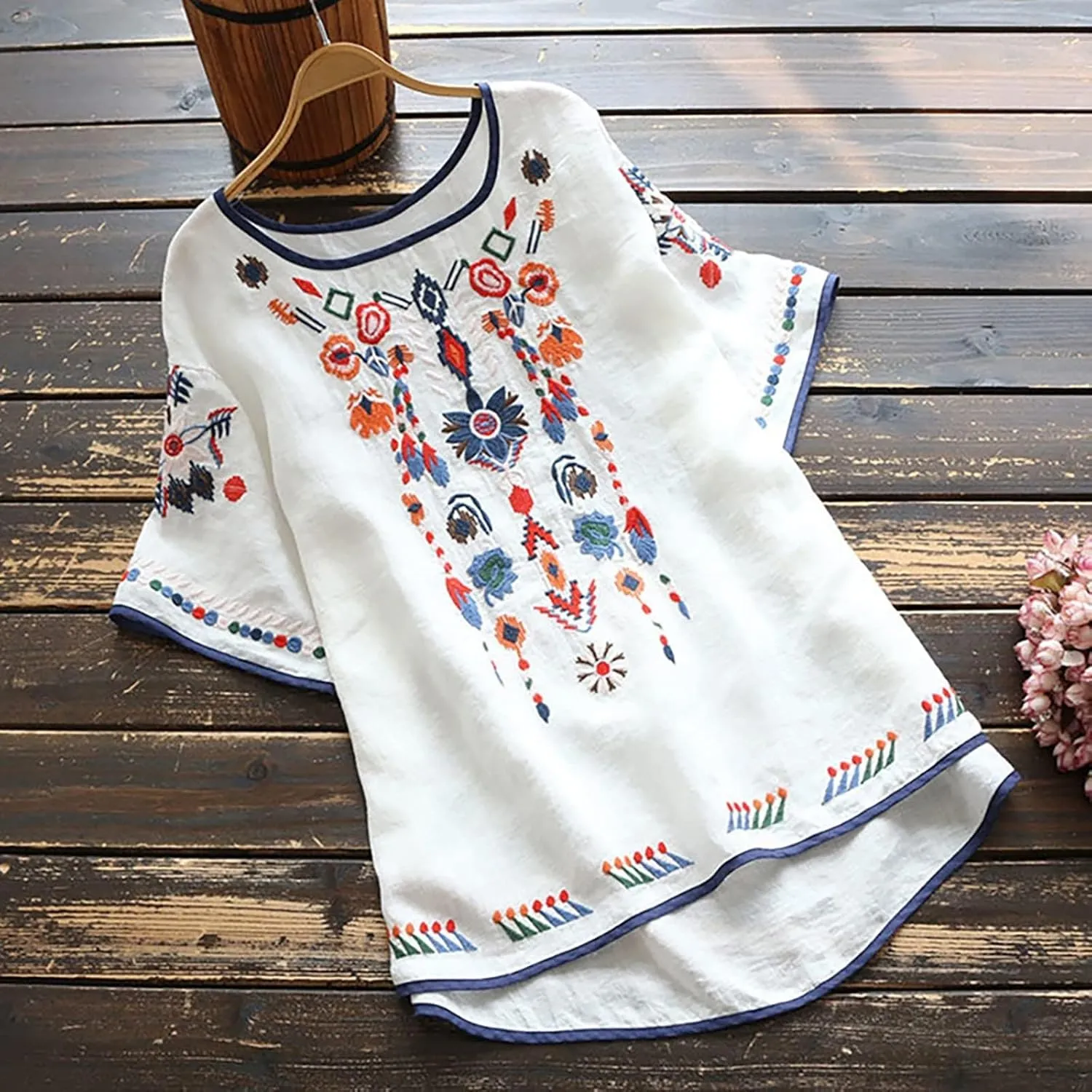 Women's Embroidered Blouse Cotton Linen Short Sleeve Peasant Boho Mexican Tunic Top Crew Neck Casual T Shirts
