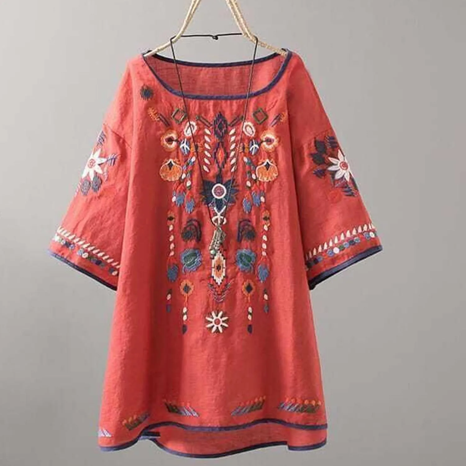 Women's Embroidered Blouse Cotton Linen Short Sleeve Peasant Boho Mexican Tunic Top Crew Neck Casual T Shirts