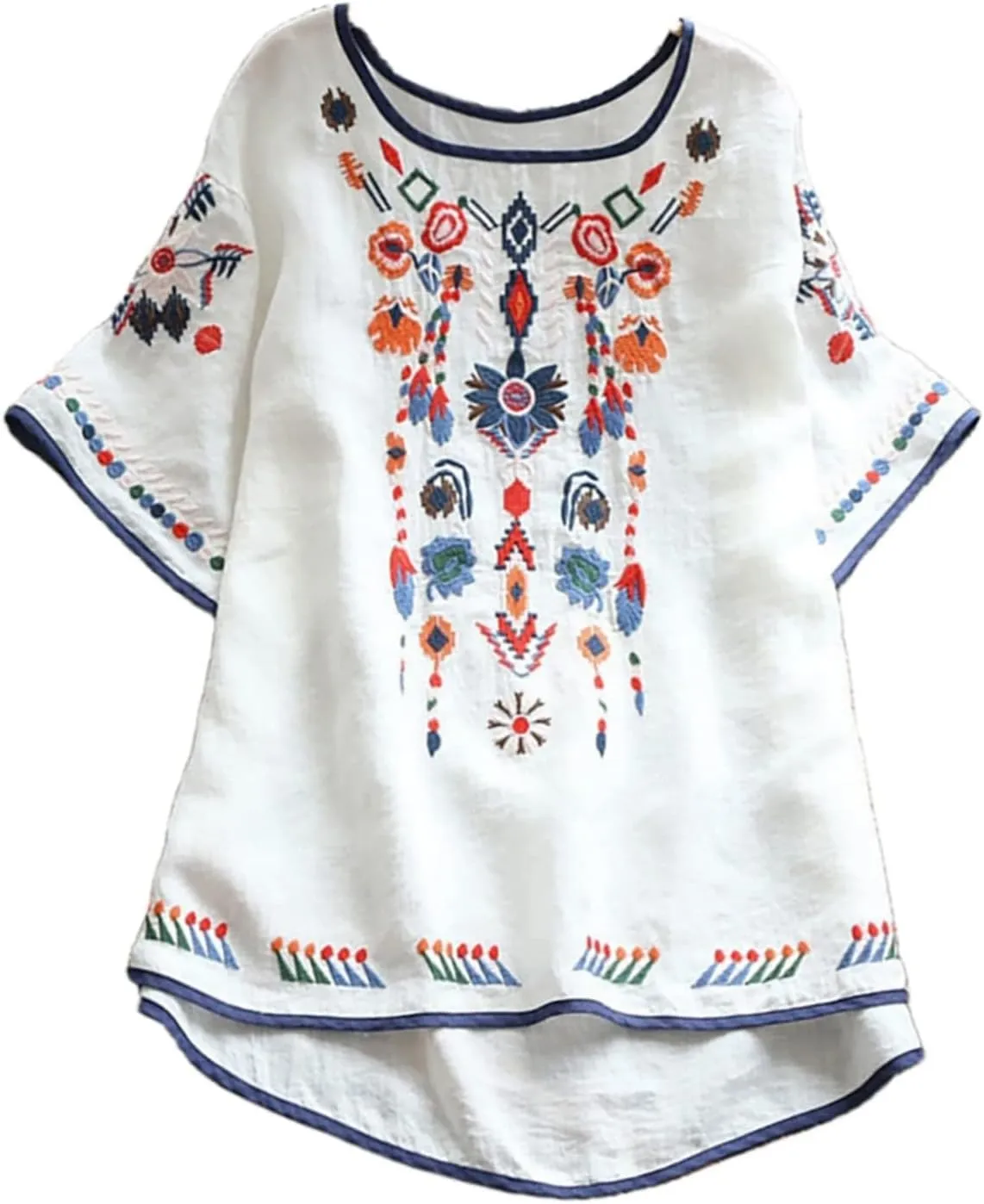 Women's Embroidered Blouse Cotton Linen Short Sleeve Peasant Boho Mexican Tunic Top Crew Neck Casual T Shirts