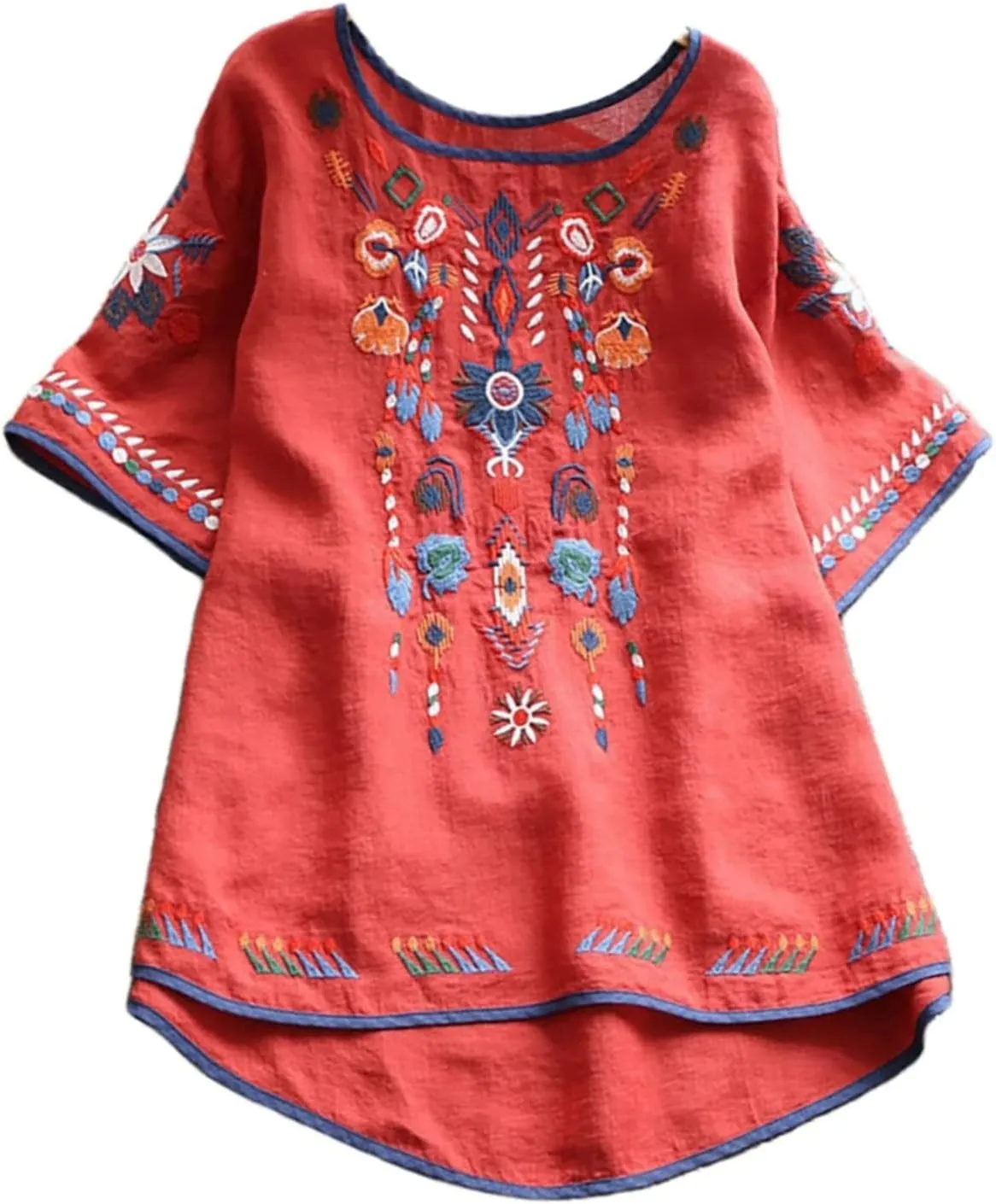 Women's Embroidered Blouse Cotton Linen Short Sleeve Peasant Boho Mexican Tunic Top Crew Neck Casual T Shirts