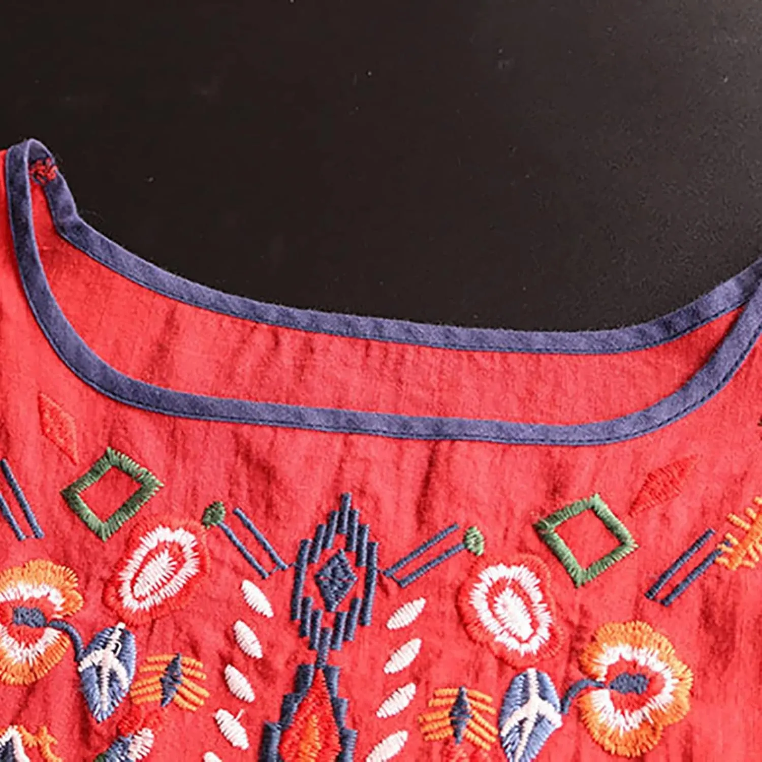 Women's Embroidered Blouse Cotton Linen Short Sleeve Peasant Boho Mexican Tunic Top Crew Neck Casual T Shirts