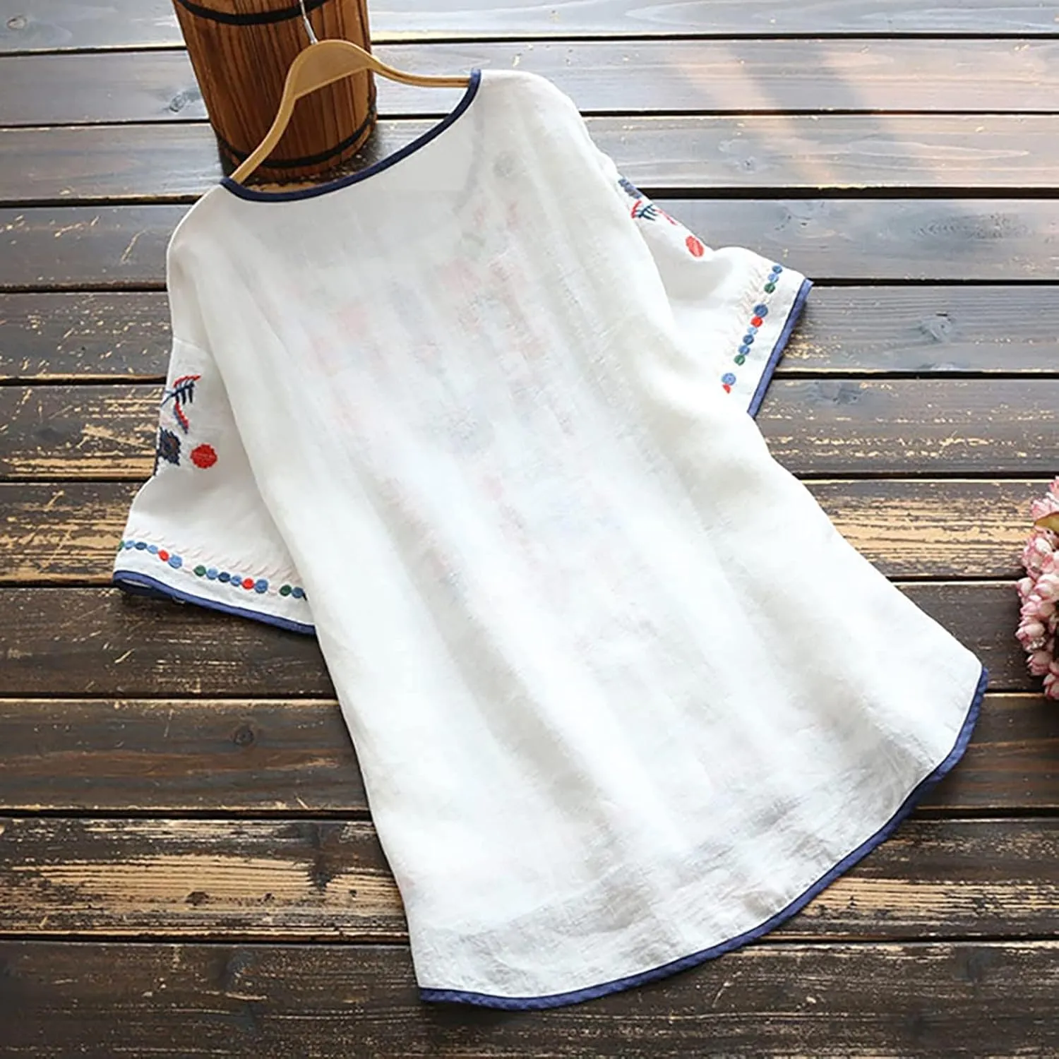 Women's Embroidered Blouse Cotton Linen Short Sleeve Peasant Boho Mexican Tunic Top Crew Neck Casual T Shirts