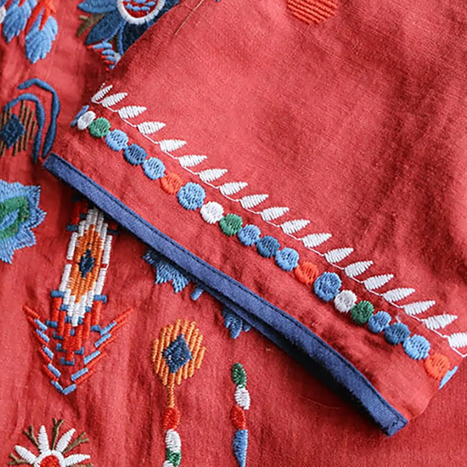 Women's Embroidered Blouse Cotton Linen Short Sleeve Peasant Boho Mexican Tunic Top Crew Neck Casual T Shirts