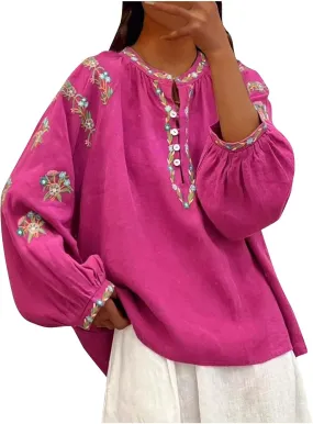 Women's Embroidery Cotton Linen Shirts Long Sleeve Tops Casual Trendy Blouse Holiday Beach Cover Ups Boho Blouse