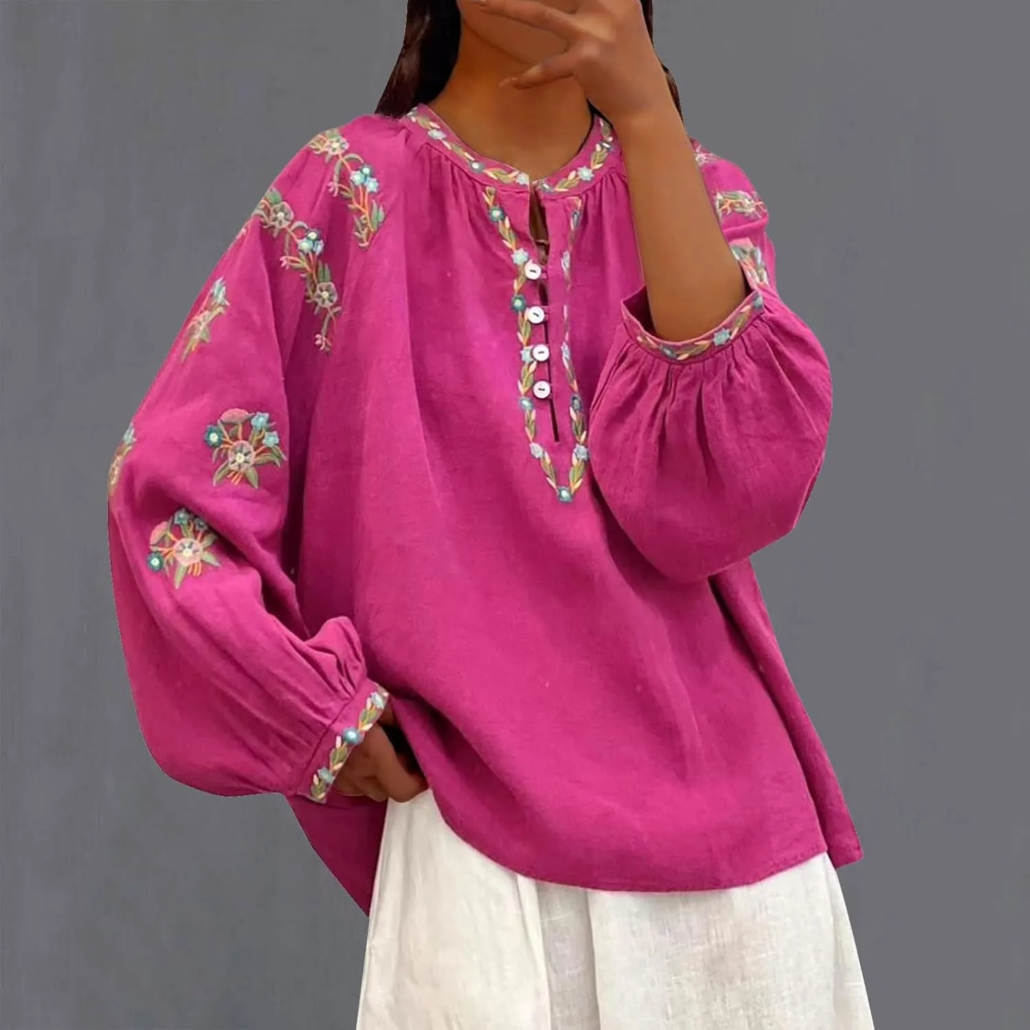 Women's Embroidery Cotton Linen Shirts Long Sleeve Tops Casual Trendy Blouse Holiday Beach Cover Ups Boho Blouse