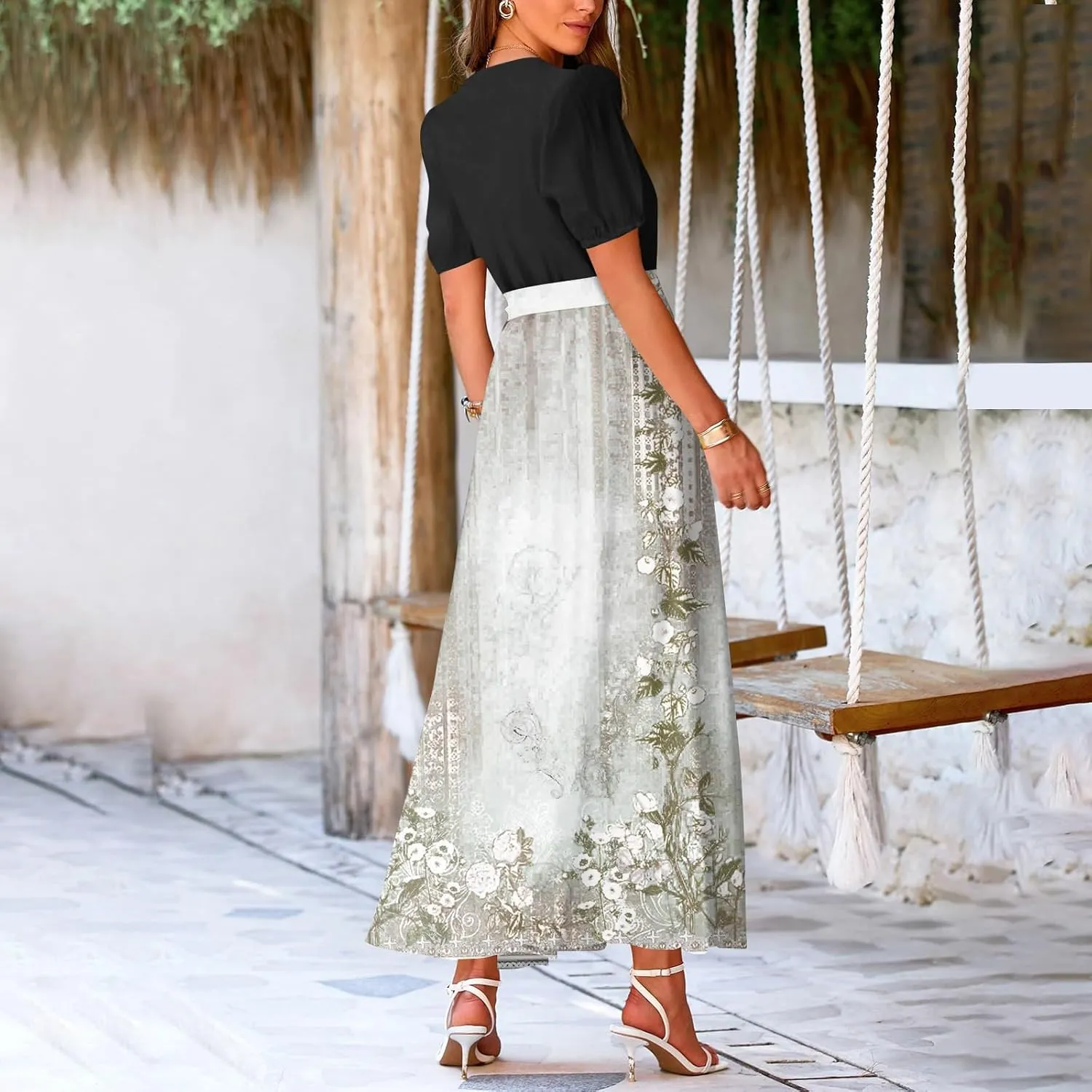 Womens Floral Maxi Dresses Spring Short Sleeve Split Trendy Sundress Tie Waist Deep V-Neck Light Beach Corset Maxi Dresses