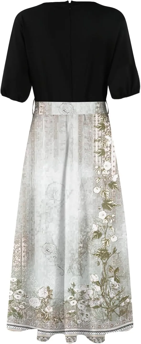Womens Floral Maxi Dresses Spring Short Sleeve Split Trendy Sundress Tie Waist Deep V-Neck Light Beach Corset Maxi Dresses
