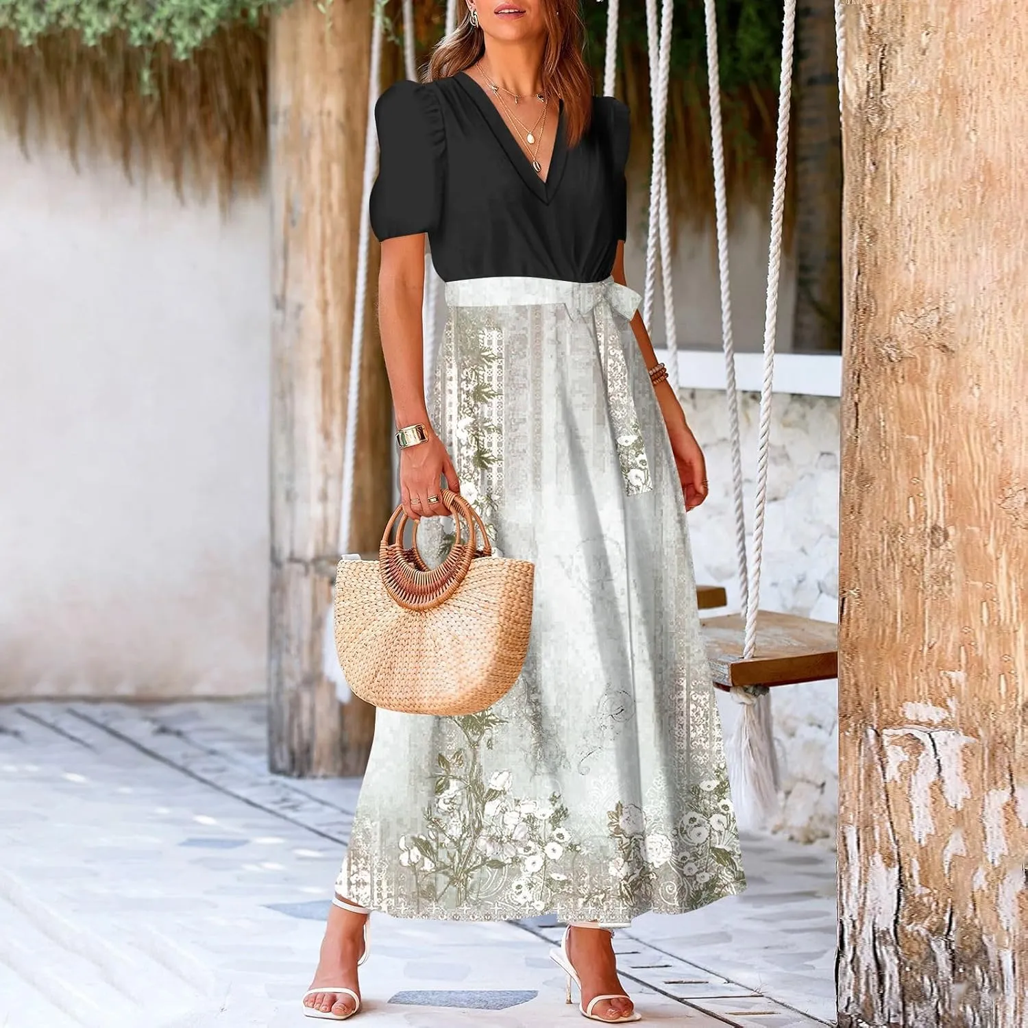 Womens Floral Maxi Dresses Spring Short Sleeve Split Trendy Sundress Tie Waist Deep V-Neck Light Beach Corset Maxi Dresses