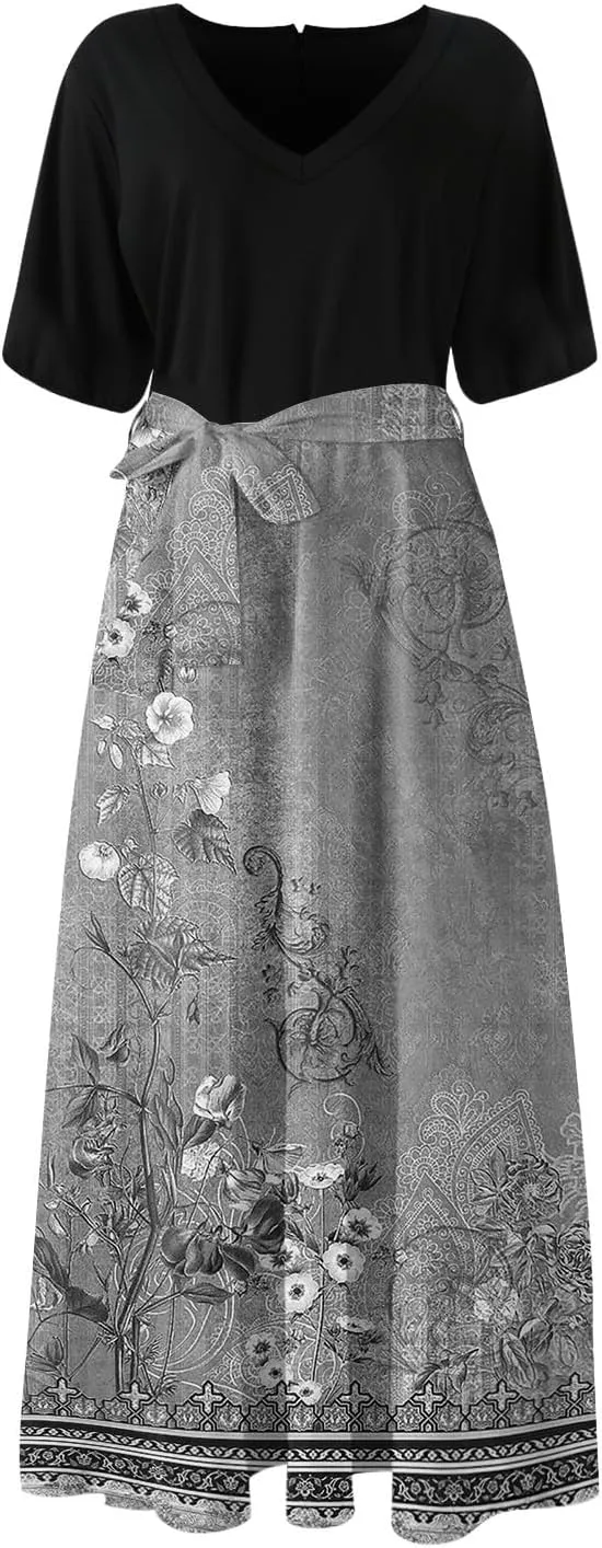 Womens Floral Maxi Dresses Spring Short Sleeve Split Trendy Sundress Tie Waist Deep V-Neck Light Beach Corset Maxi Dresses