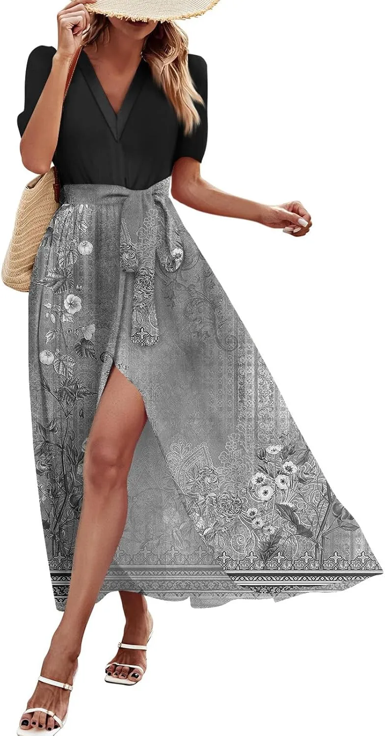 Womens Floral Maxi Dresses Spring Short Sleeve Split Trendy Sundress Tie Waist Deep V-Neck Light Beach Corset Maxi Dresses