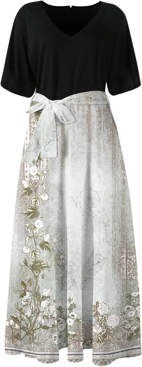 Womens Floral Maxi Dresses Spring Short Sleeve Split Trendy Sundress Tie Waist Deep V-Neck Light Beach Corset Maxi Dresses