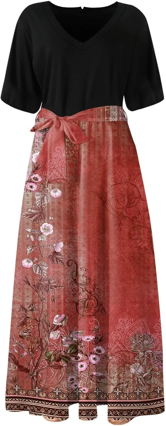 Womens Floral Maxi Dresses Spring Short Sleeve Split Trendy Sundress Tie Waist Deep V-Neck Light Beach Corset Maxi Dresses