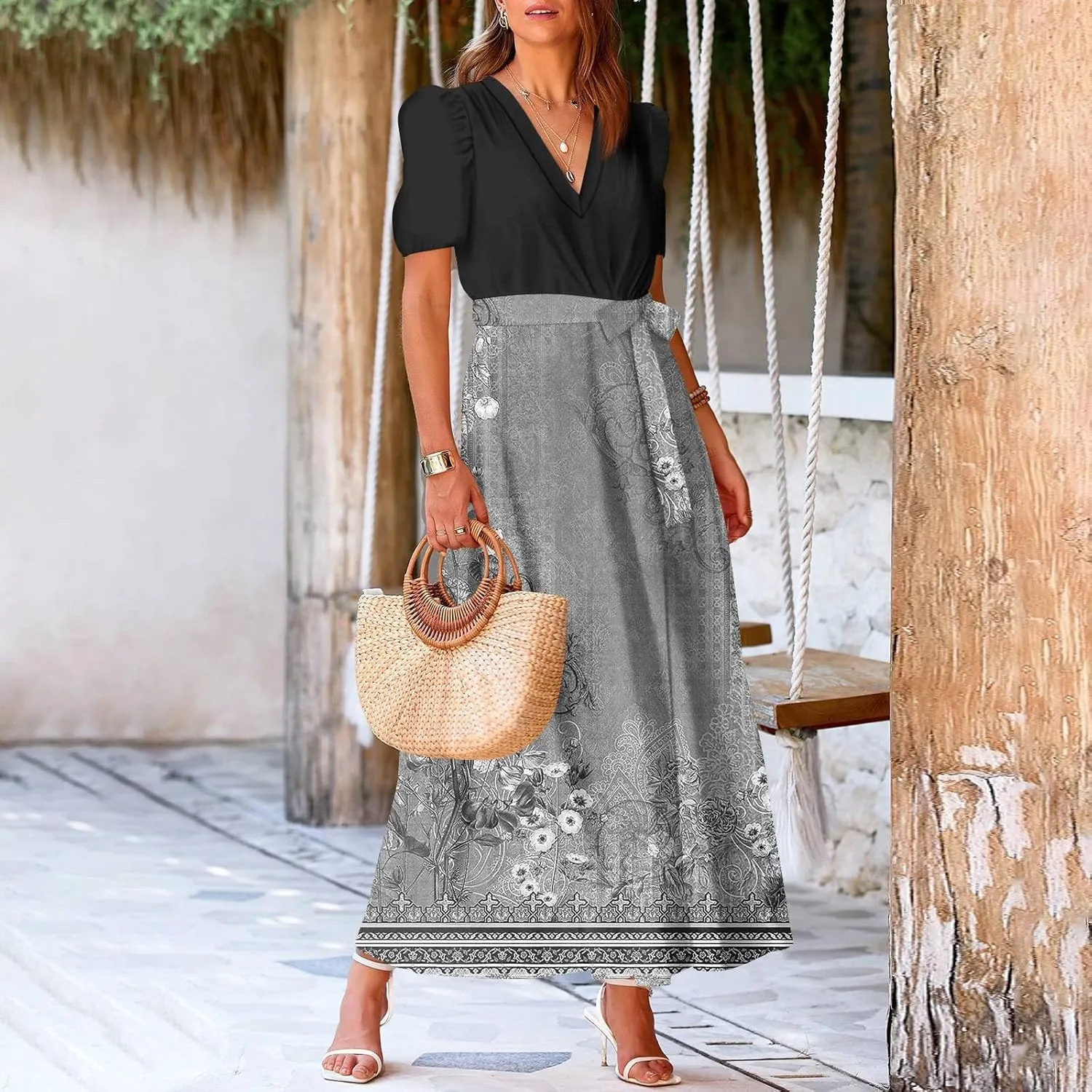 Womens Floral Maxi Dresses Spring Short Sleeve Split Trendy Sundress Tie Waist Deep V-Neck Light Beach Corset Maxi Dresses