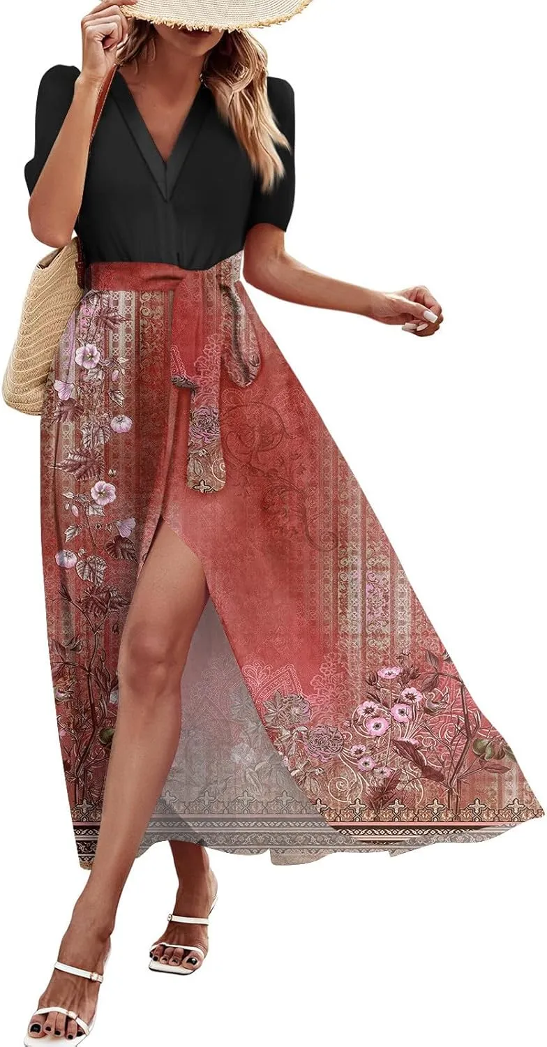 Womens Floral Maxi Dresses Spring Short Sleeve Split Trendy Sundress Tie Waist Deep V-Neck Light Beach Corset Maxi Dresses