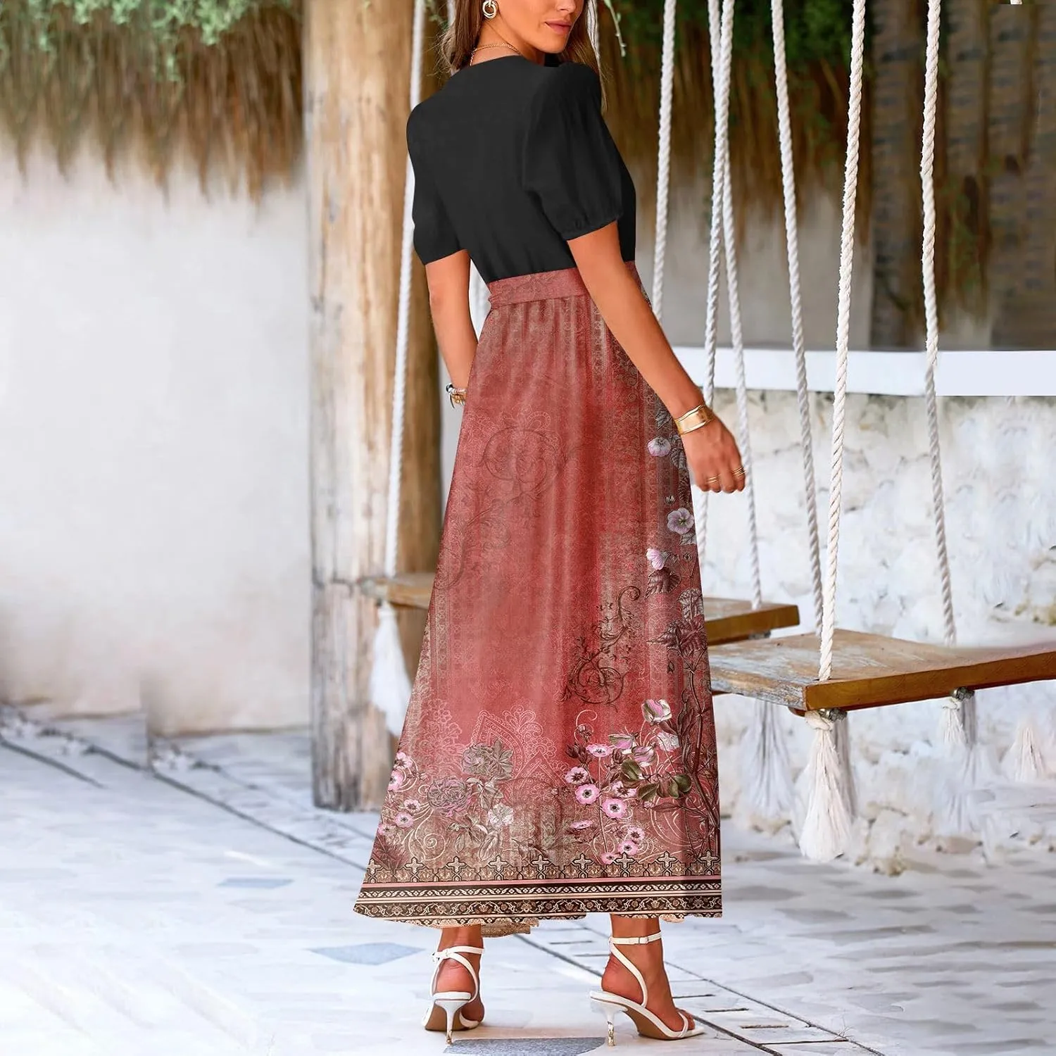 Womens Floral Maxi Dresses Spring Short Sleeve Split Trendy Sundress Tie Waist Deep V-Neck Light Beach Corset Maxi Dresses
