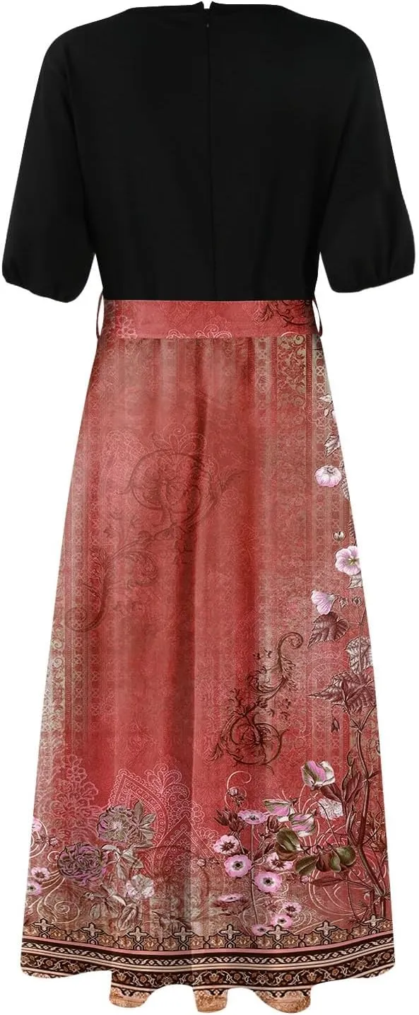 Womens Floral Maxi Dresses Spring Short Sleeve Split Trendy Sundress Tie Waist Deep V-Neck Light Beach Corset Maxi Dresses
