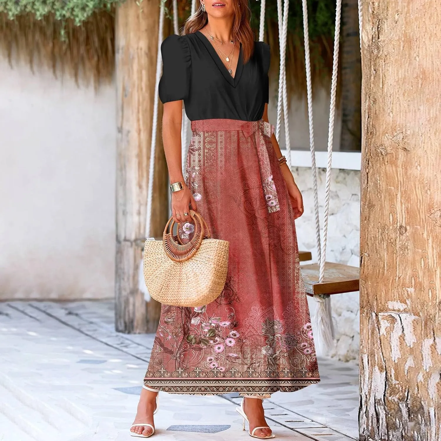 Womens Floral Maxi Dresses Spring Short Sleeve Split Trendy Sundress Tie Waist Deep V-Neck Light Beach Corset Maxi Dresses