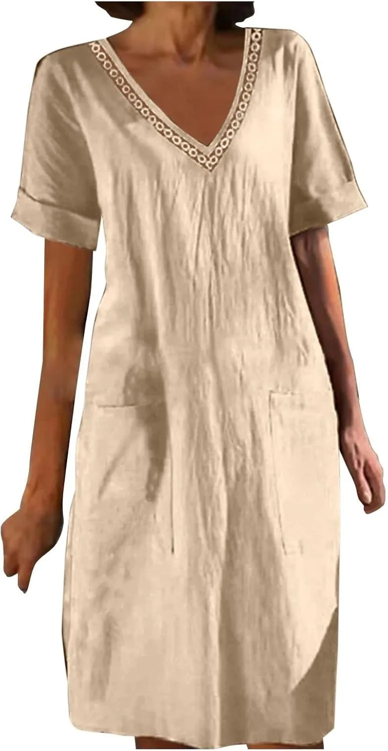 Womens Linen Dress Short Sleeve V-Neck T Shirts Dresses Casual Loose Solid Color Lace Mini Dress Boho Travel Dresses