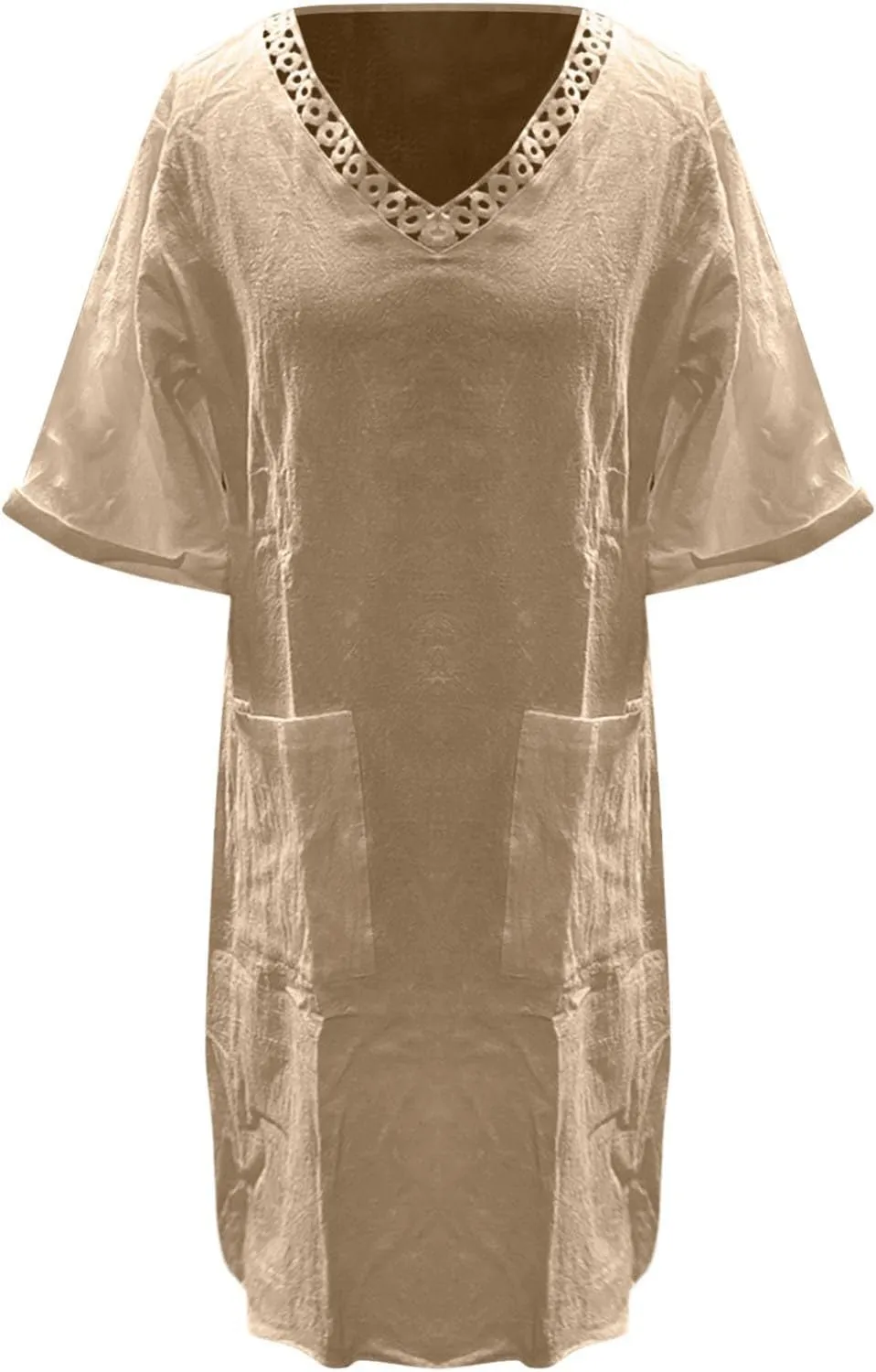 Womens Linen Dress Short Sleeve V-Neck T Shirts Dresses Casual Loose Solid Color Lace Mini Dress Boho Travel Dresses