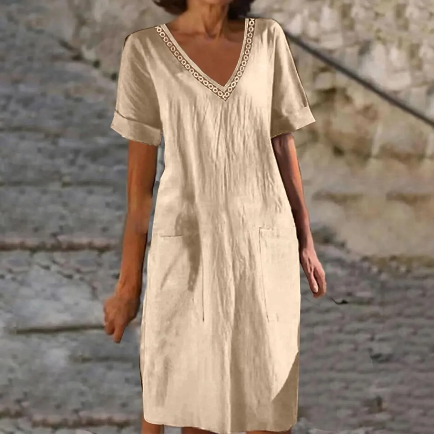 Womens Linen Dress Short Sleeve V-Neck T Shirts Dresses Casual Loose Solid Color Lace Mini Dress Boho Travel Dresses
