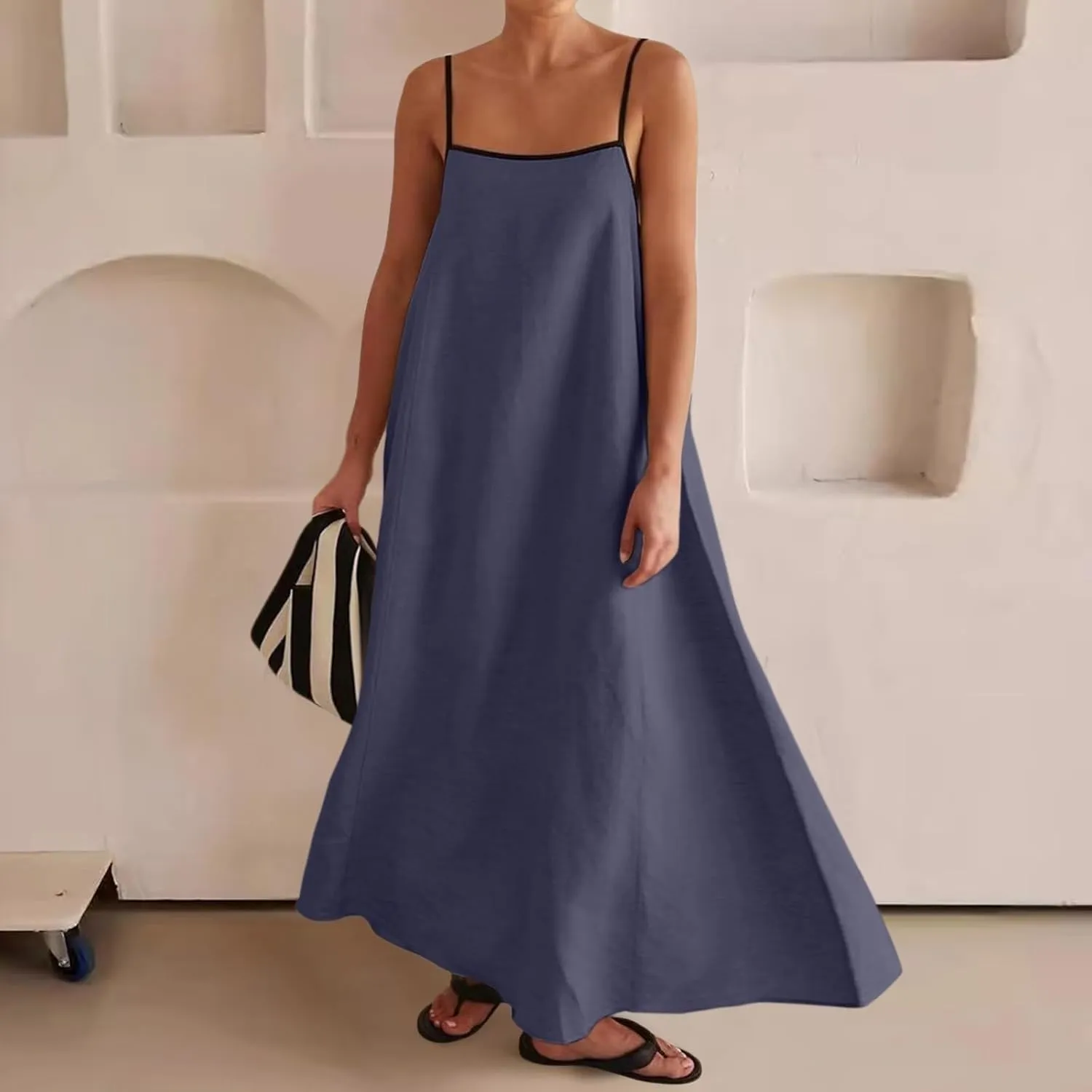 Womens Linen Maxi Dress Contrast Trim Spaghetti Straps Summer Outfits Sleeveless Long Womens Business Casual Dresses