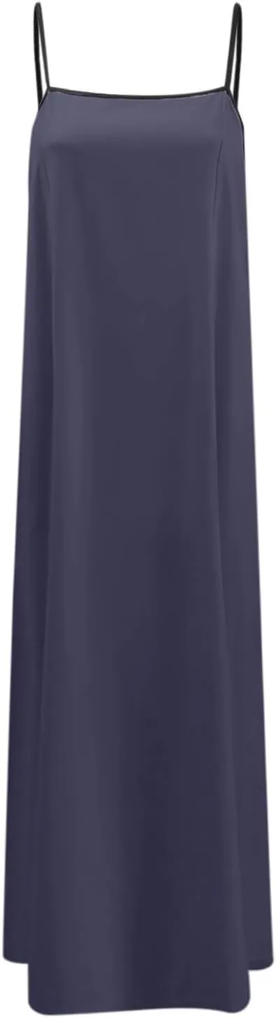 Womens Linen Maxi Dress Contrast Trim Spaghetti Straps Summer Outfits Sleeveless Long Womens Business Casual Dresses