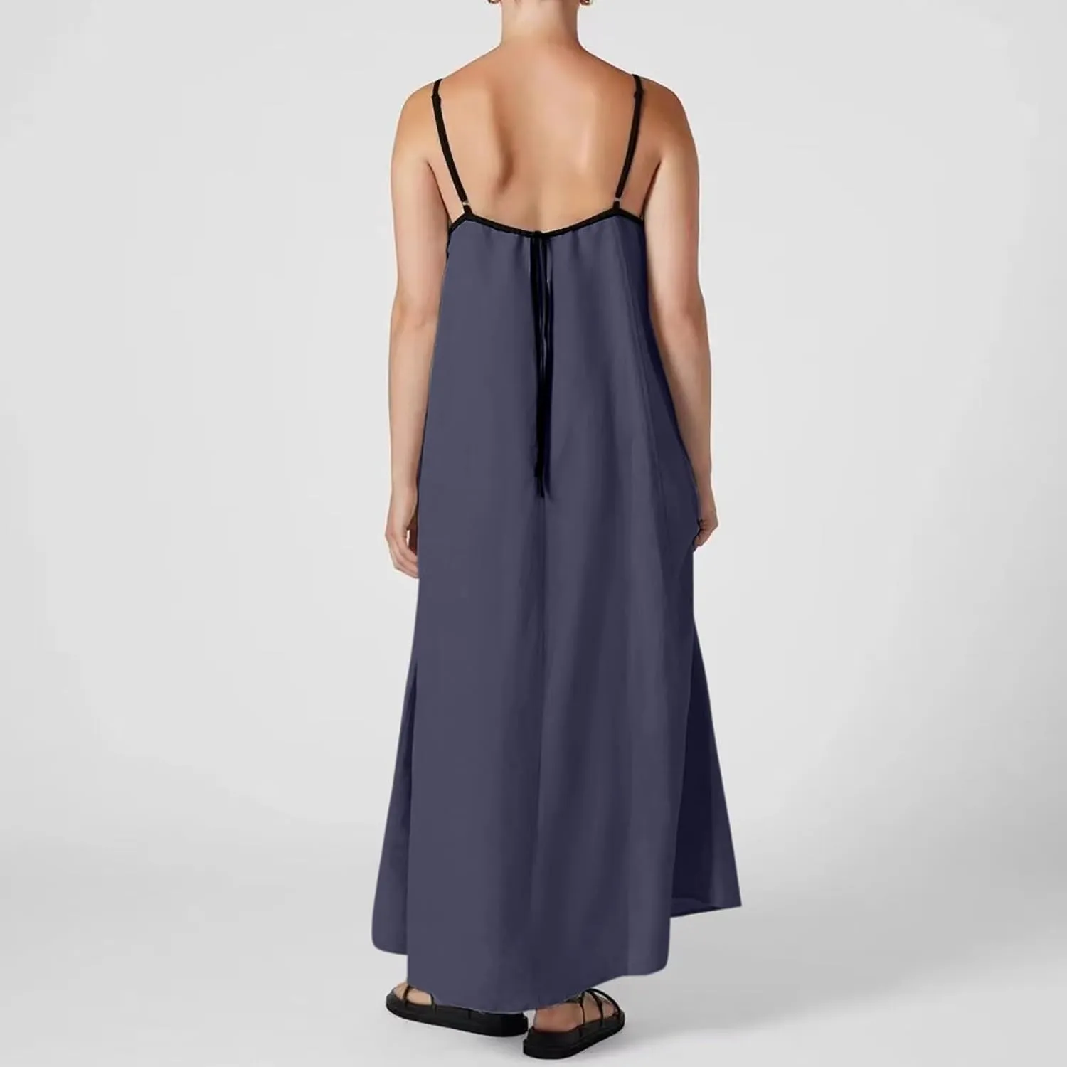 Womens Linen Maxi Dress Contrast Trim Spaghetti Straps Summer Outfits Sleeveless Long Womens Business Casual Dresses