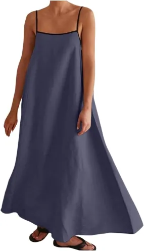 Womens Linen Maxi Dress Contrast Trim Spaghetti Straps Summer Outfits Sleeveless Long Womens Business Casual Dresses
