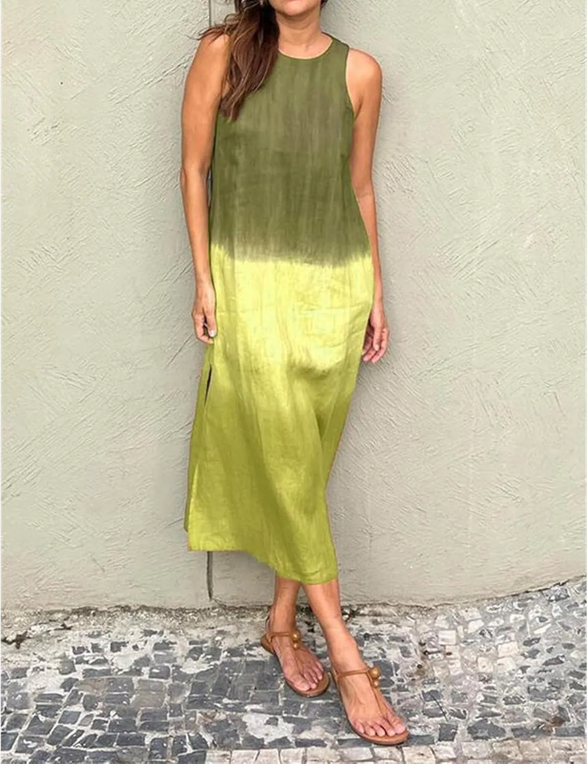 Women's Linen Sleeveless Crew Neck Tank Slit Maxi Dress Casual Gradient Lounge Beach Vacation Trendy Fashion Dresses