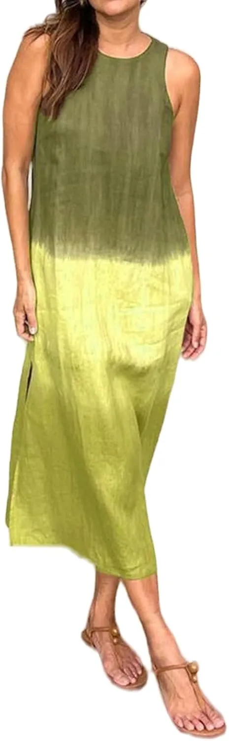 Women's Linen Sleeveless Crew Neck Tank Slit Maxi Dress Casual Gradient Lounge Beach Vacation Trendy Fashion Dresses