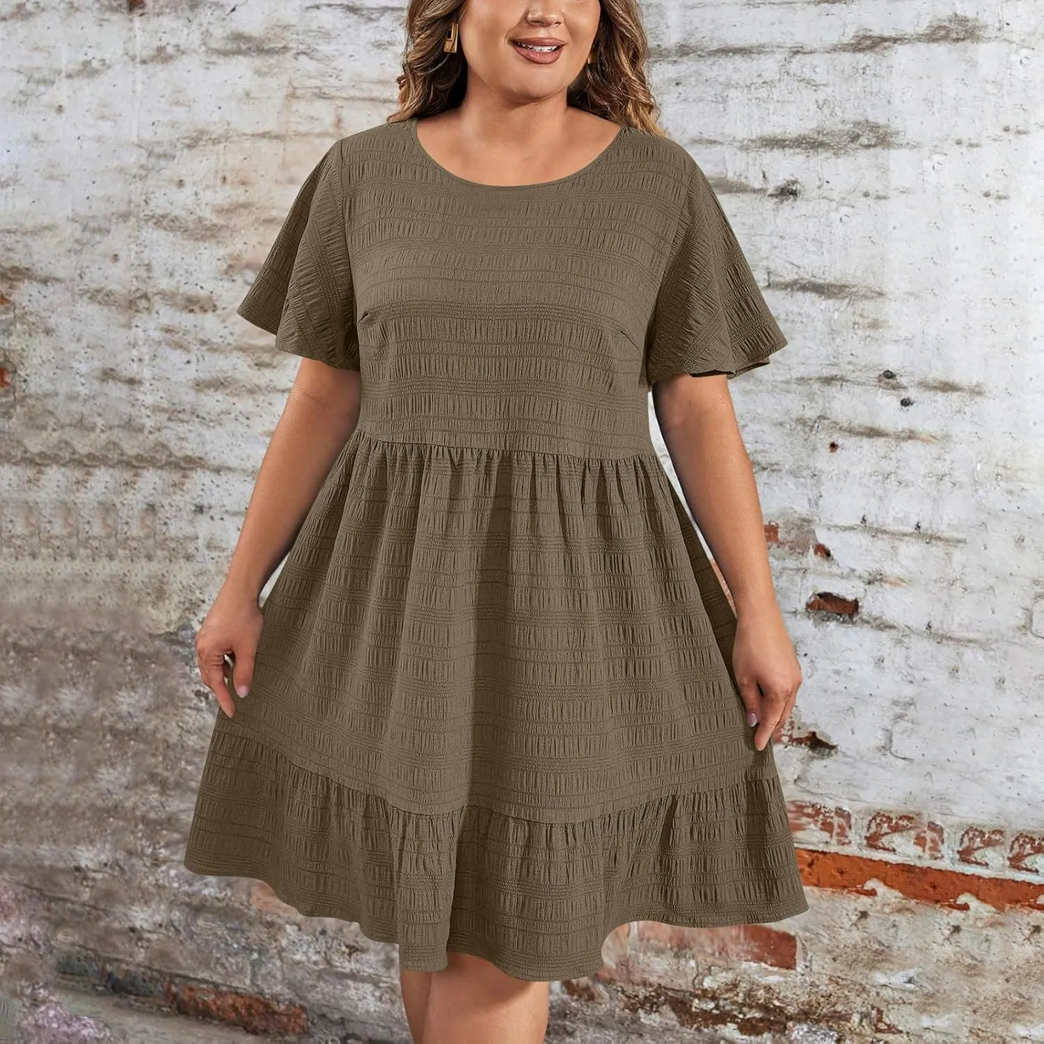 Womens Plus Size Summer Dress 2025 Short Sleeve Casual Mini Dresses Ruffles Trim Empire Waist T-Shirt Dress