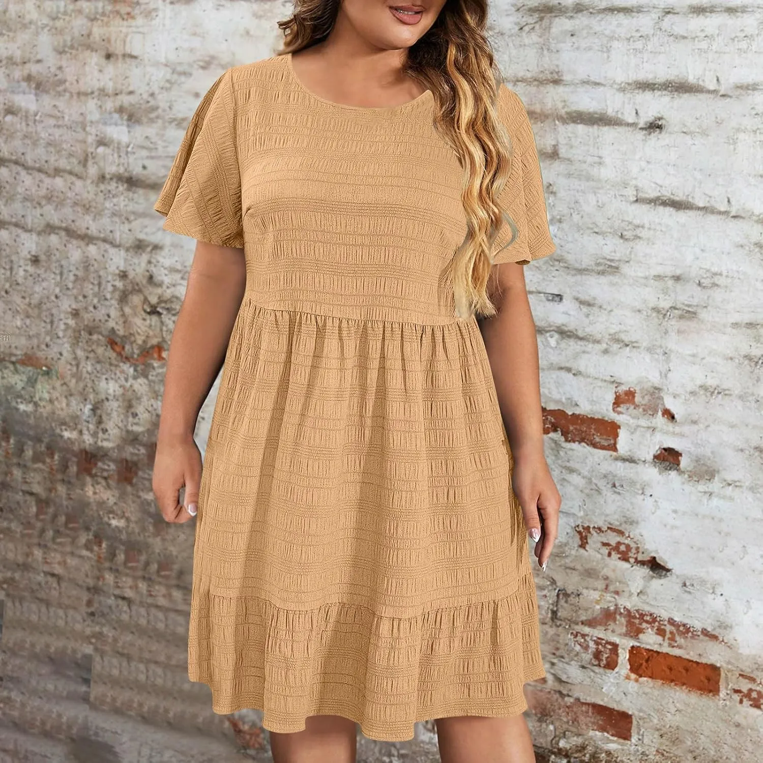 Womens Plus Size Summer Dress 2025 Short Sleeve Casual Mini Dresses Ruffles Trim Empire Waist T-Shirt Dress