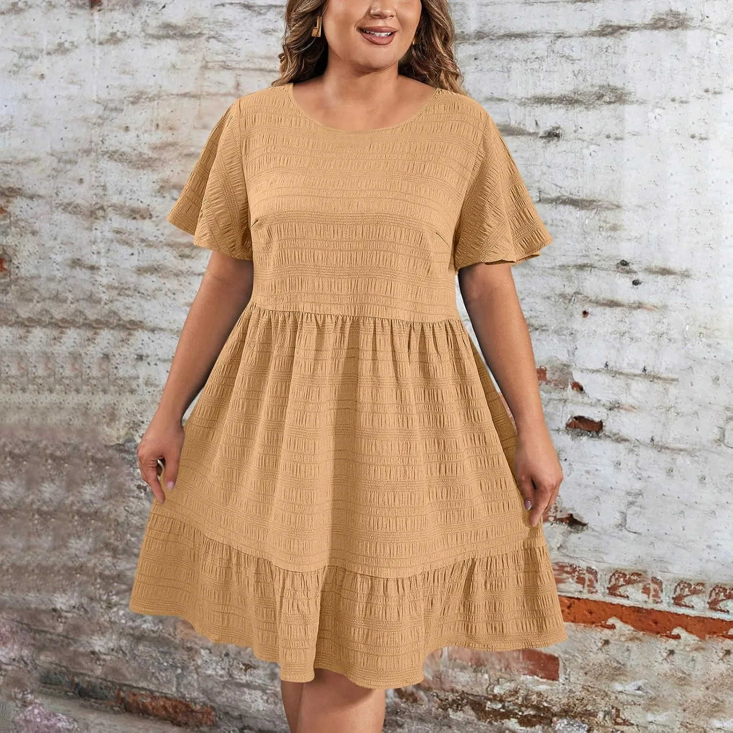 Womens Plus Size Summer Dress 2025 Short Sleeve Casual Mini Dresses Ruffles Trim Empire Waist T-Shirt Dress