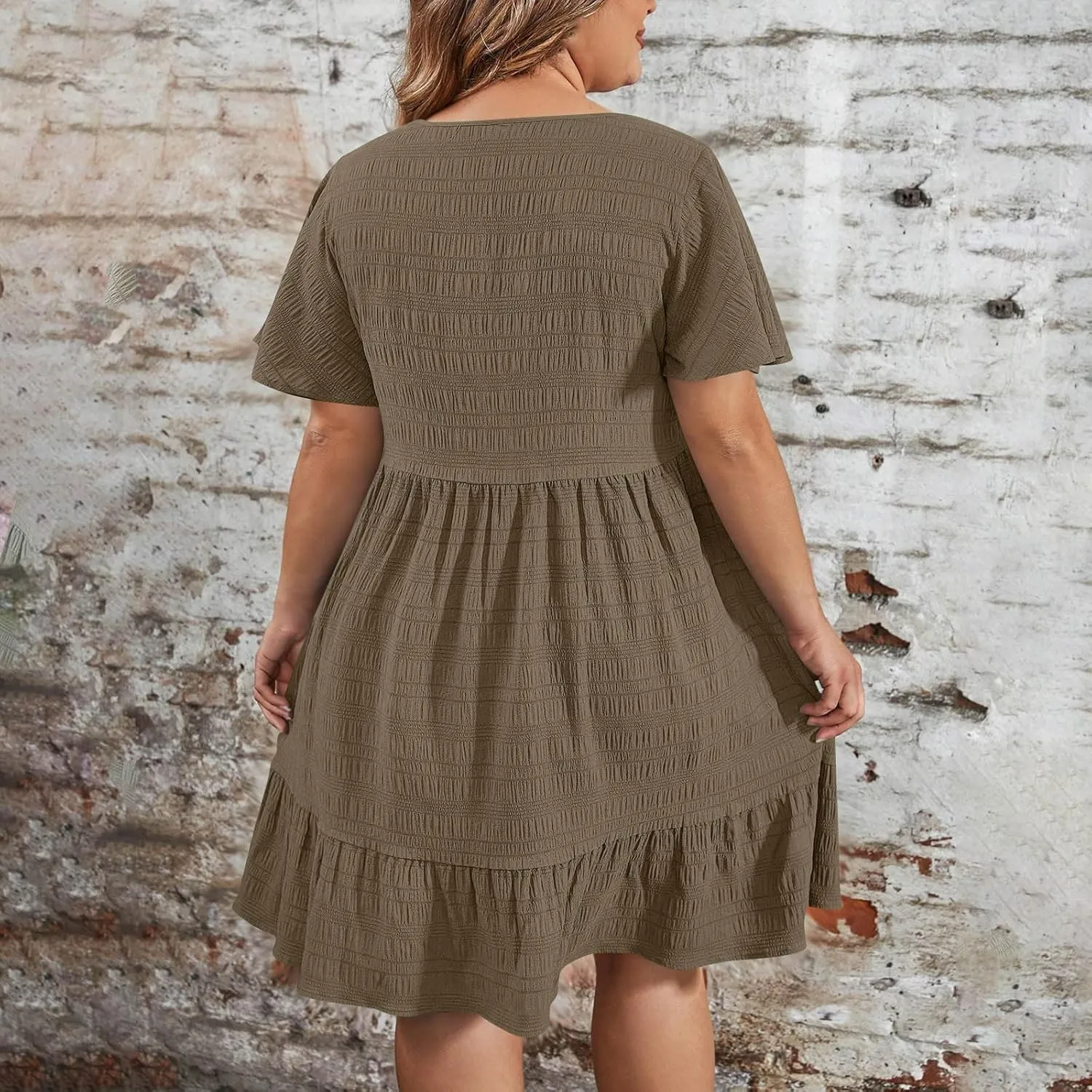 Womens Plus Size Summer Dress 2025 Short Sleeve Casual Mini Dresses Ruffles Trim Empire Waist T-Shirt Dress
