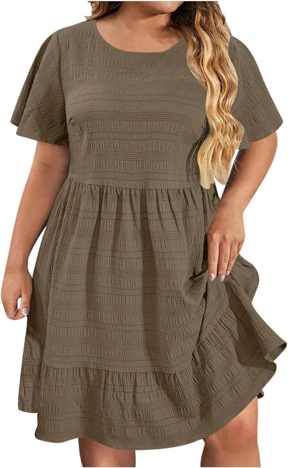 Womens Plus Size Summer Dress 2025 Short Sleeve Casual Mini Dresses Ruffles Trim Empire Waist T-Shirt Dress