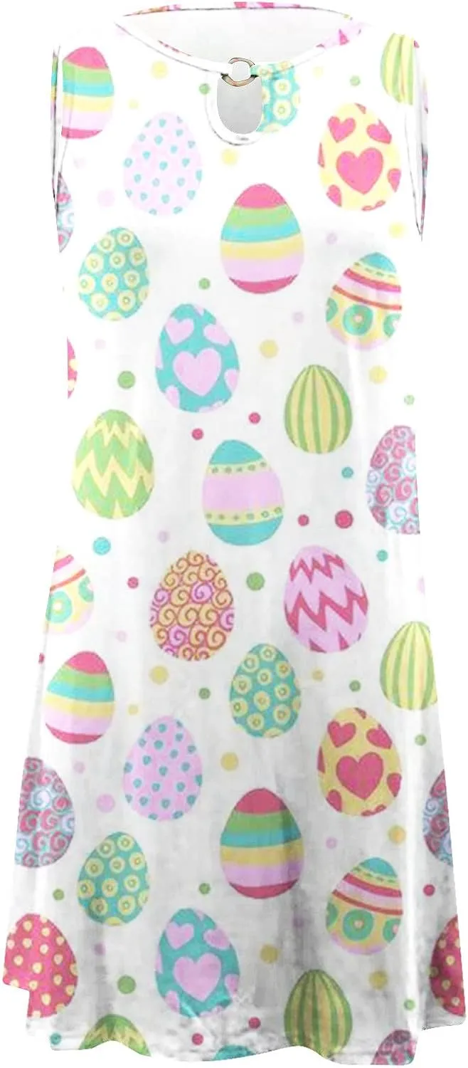 Womens Print Dresses Summer Casual Sundress Easter Theme Graphic Sleeveless Hollow Out Dress Holiday Beach Clothes