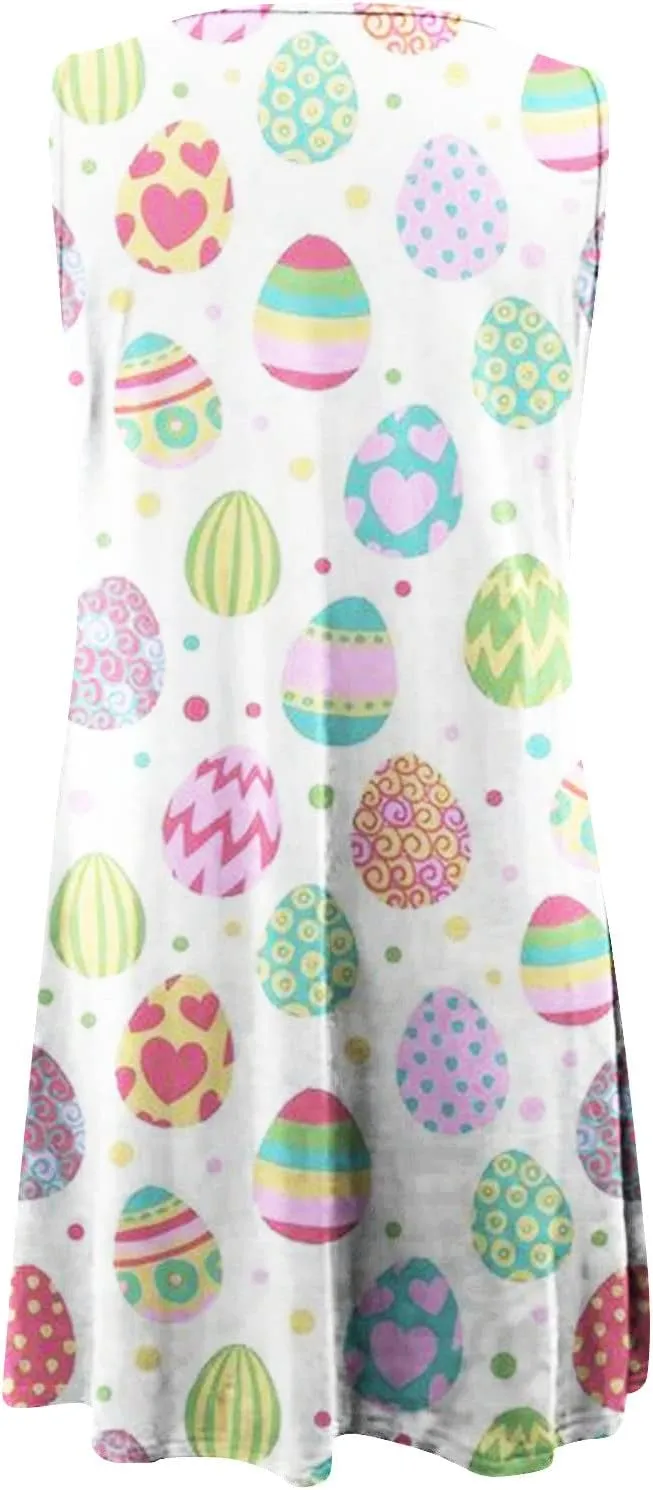 Womens Print Dresses Summer Casual Sundress Easter Theme Graphic Sleeveless Hollow Out Dress Holiday Beach Clothes
