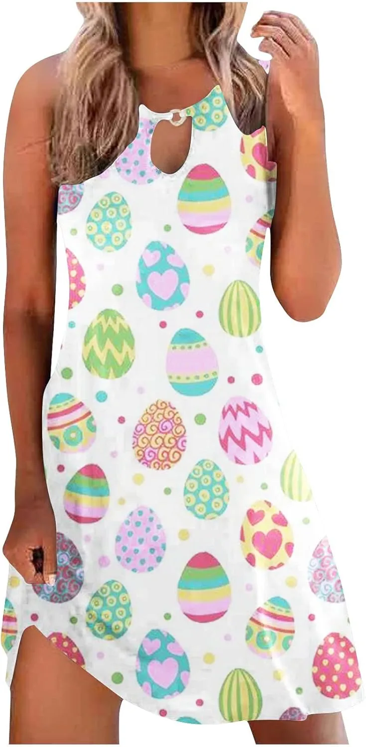 Womens Print Dresses Summer Casual Sundress Easter Theme Graphic Sleeveless Hollow Out Dress Holiday Beach Clothes