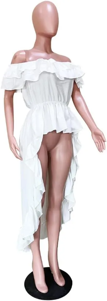 Womens Ruffle Asymmetrical Hem Tops High Low Off Shoulder Peplum Tunic Party Blouse Casual Shirt Blouse Dress